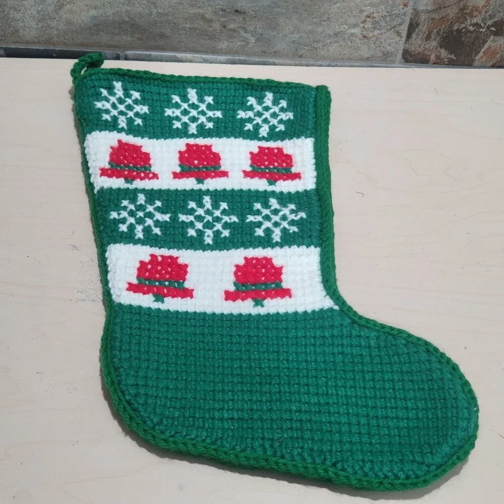 Handmade Christmas Stocking Plastic Canvas Snowflakes Bells